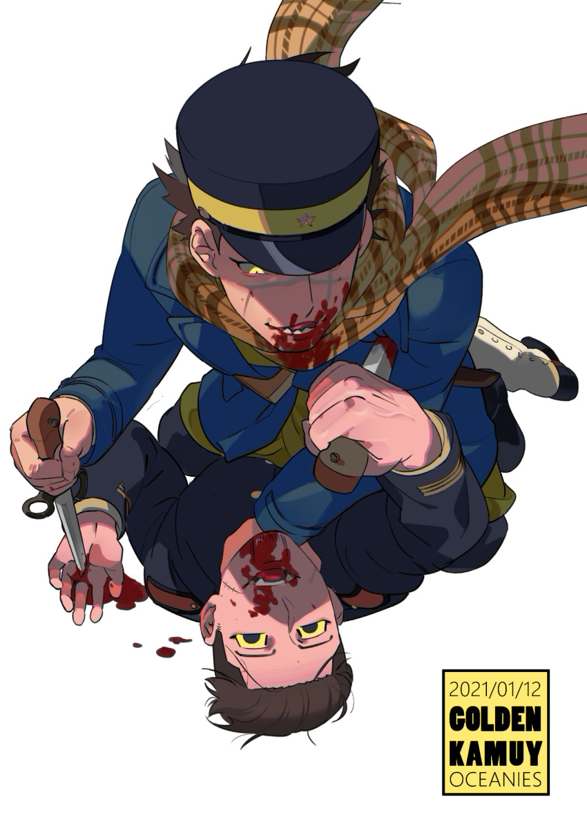 2boys artist_name bayonet black_eyes black_headband black_jacket black_pants blood blood_on_face bloody_clothes brown_hair buttons chinese_commentary collared_jacket commentary_request copyright_name dated english_text eye_contact facial_hair from_above full_body gaiters golden_kamuy hair_slicked_back hair_strand hat headband highres holding holding_knife imperial_japanese_army injury jacket kepi knife long_sleeves looking_at_another lying male_focus military military_hat military_uniform multiple_boys oceaniespainting ogata_hyakunosuke on_back open_mouth pants scar scar_on_cheek scar_on_face scar_on_mouth scar_on_nose scarf short_hair simple_background sitting sitting_on_person spiky_hair star_(symbol) struggling stubble sugimoto_saichi teeth two-tone_headwear undercut uniform weapon white_background yellow_eyes yellow_headwear