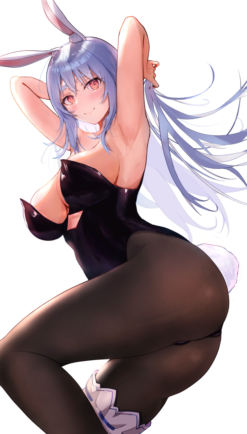 1girl absurdres alternate_breast_size alternate_hairstyle animal_ears armpits arms_behind_head ass bare_shoulders black_legwear blue_hair breasts bunny_tail closed_mouth commentary_request eyebrows_visible_through_hair highres hololive large_breasts leg_garter long_hair looking_at_viewer mugiusagi pantyhose playboy_bunny rabbit_ears red_eyes simple_background smile solo tail thick_eyebrows thighs usada_pekora virtual_youtuber white_background