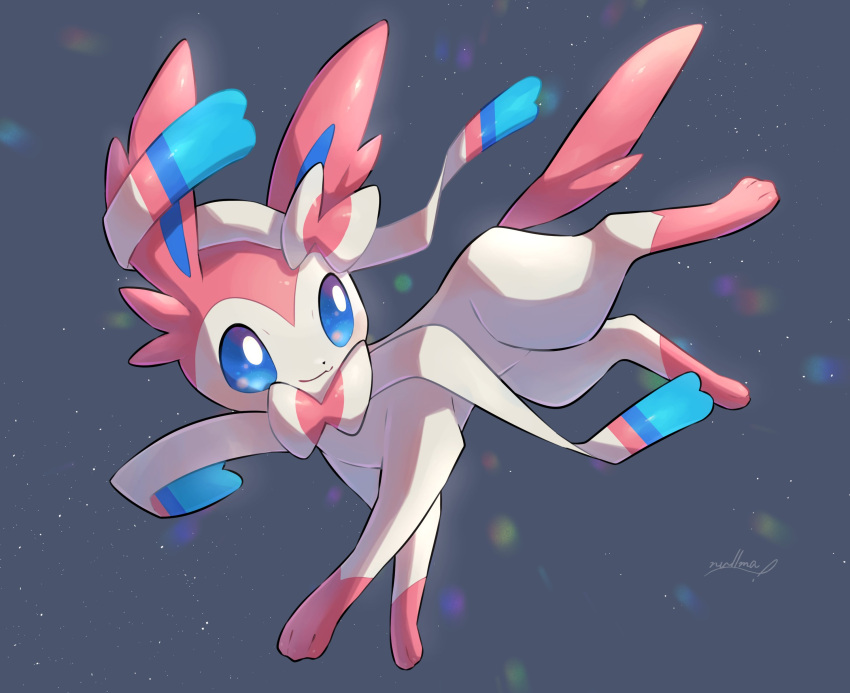 absurdres blue_eyes closed_mouth full_body gen_6_pokemon grey_background highres looking_back no_humans nullma paws pokemon pokemon_(creature) shiny signature smile solo sylveon toes