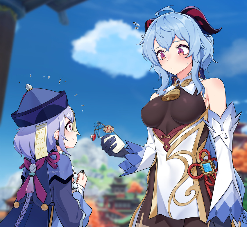 2girls absurdres ahoge bare_shoulders bead_necklace beads bell blue_hair blue_sky blush bodysuit bottle braid braided_ponytail breasts clouds cowbell day detached_sleeves earrings ganyu_(genshin_impact) genshin_impact gloves goat_horns happy hat highres horns jewelry jiangshi long_hair long_sleeves low_ponytail medium_breasts milk milk_bottle multiple_girls nail_polish narynn necklace purple_hair qiqi sky smile sweatdrop violet_eyes