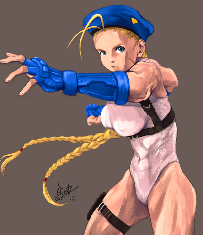 1girl alternate_color antenna_hair beret blue_eyes blue_gloves blue_headwear braid breasts cammy_white clenched_hand commentary_request covered_nipples dated elbow_gloves fighting_stance forehead gloves harness hat highres holster impossible_clothes impossible_leotard large_breasts leotard long_hair looking_at_viewer mimiyama_kiichi muscular muscular_female player_2 scar scar_on_cheek scar_on_face solo street_fighter street_fighter_v thick_thighs thigh_holster thighs twin_braids white_leotard