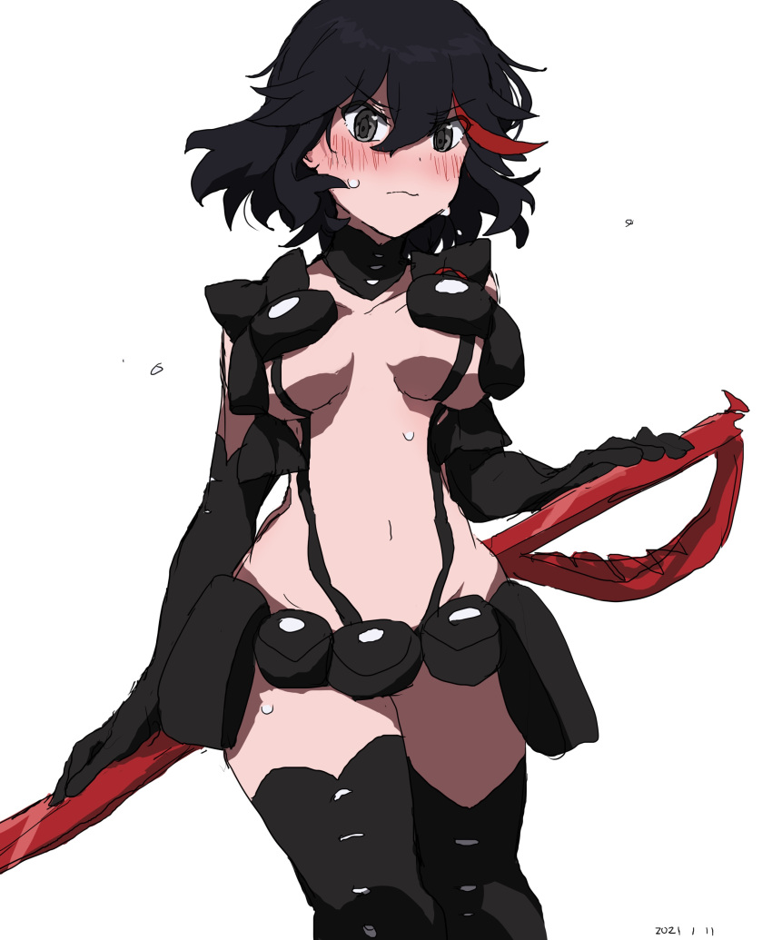 1girl 2021 absurdres behind_back black_gloves black_hair black_legwear blush breasts commentary_request dated elbow_gloves eyebrows_visible_through_hair furrowed_eyebrows gloves highres holding holding_weapon kill_la_kill looking_down matoi_ryuuko multicolored_hair navel nudist_beach_uniform pouch redhead scissor_blade shiny shiny_hair simple_background solo streaked_hair takatisakana thigh-highs tsurime under_boob weapon white_background