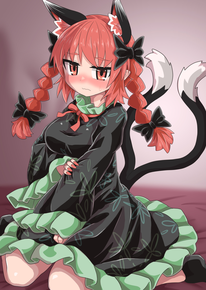 1girl animal_ear_fluff animal_ears bangs black_bow black_dress black_footwear black_tail blush bow braid breasts cat_ears cat_tail chups closed_mouth dress extra_ears eyebrows_visible_through_hair frilled_dress frilled_shirt_collar frilled_sleeves frills hair_bow highres holding_arm kaenbyou_rin large_breasts long_sleeves looking_at_viewer medium_hair multiple_tails red_bow red_eyes red_nails red_neckwear redhead side_braids sitting sleeves_past_wrists solo sweat tail touhou twin_braids two_tails wariza