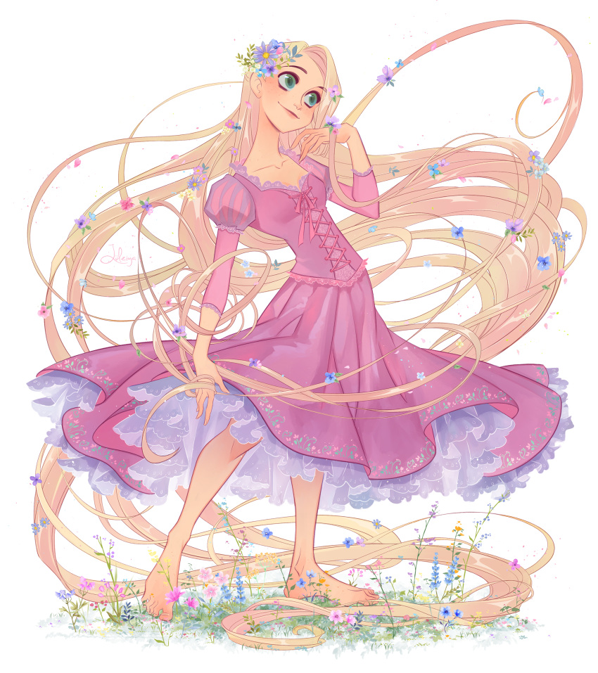 1girl absurdly_long_hair alexa_pasztor aqua_flower arm_at_side bare_legs barefoot blonde_hair blue_flower breasts closed_mouth collarbone contrapposto cross-laced_clothes dress eyebrows_visible_through_hair facing_viewer fingernails floating_hair floral_print flower freckles full_body grass green_eyes hair_flower hair_ornament hand_up happy head_tilt highres juliet_sleeves lace-trimmed_dress lace_trim leaf legs_apart lips long_hair long_sleeves looking_afar orange_flower pink_flower pink_ribbon plant puffy_sleeves purple_dress purple_flower rapunzel_(disney) red_flower ribbon shiny shiny_hair signature simple_background small_breasts smile solo standing standing_on_one_leg striped striped_sleeves tangled thick_eyebrows toenails very_long_hair white_background yellow_flower