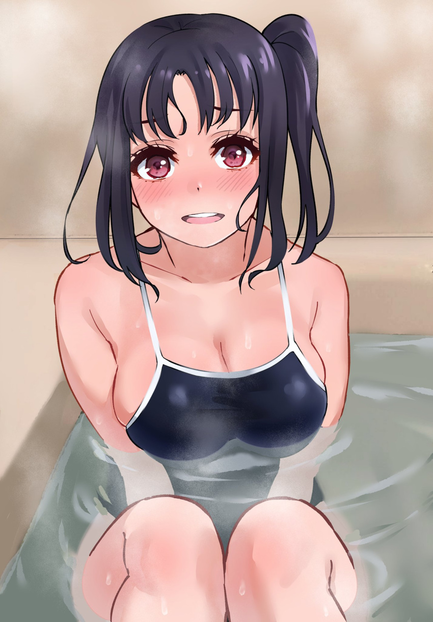 1girl bangs bathroom bathtub black_hair blush breasts cleavage_cutout clothing_cutout collarbone commentary_request highres igarashi_kyouhei kazuno_sarah knees_up large_breasts love_live! love_live!_sunshine!! medium_hair open_mouth partially_submerged school_swimsuit side_ponytail sidelocks sitting solo steam swimsuit upper_teeth violet_eyes