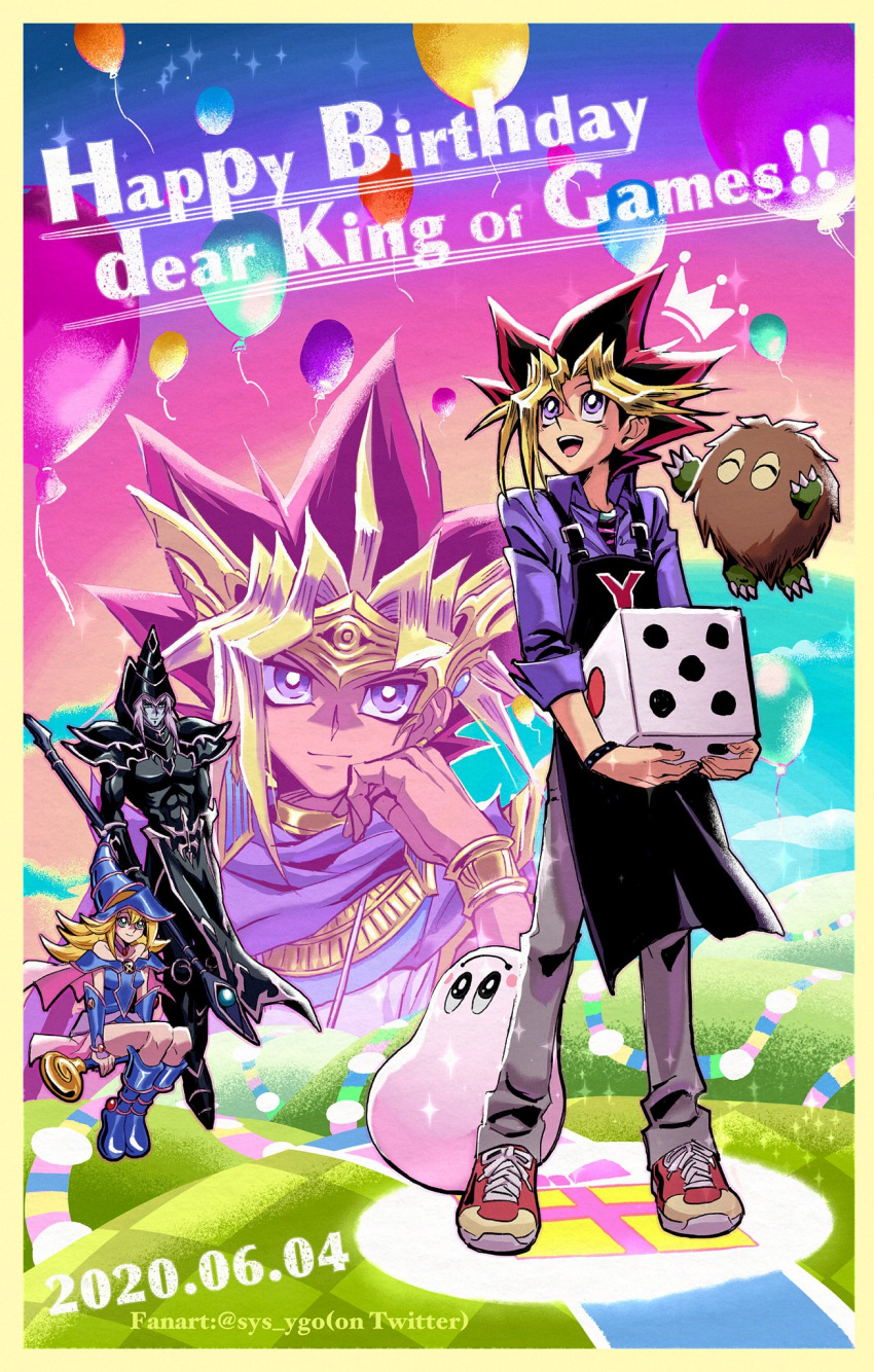 1girl 3boys apron artist_name atem balloon bangs black_apron blonde_hair blue_footwear boots border character_request collared_shirt dark_magician dark_magician_girl dated dice grass grey_pants happy_birthday hat highres holding holding_staff kuriboh looking_up mixed-language_commentary multicolored_hair multiple_boys mutou_yuugi open_mouth pants purple_shirt riding shirt shoes sleeves_rolled_up smile sneakers soya_(sys_ygo) sparkle staff standing teeth tongue violet_eyes wizard_hat yu-gi-oh!