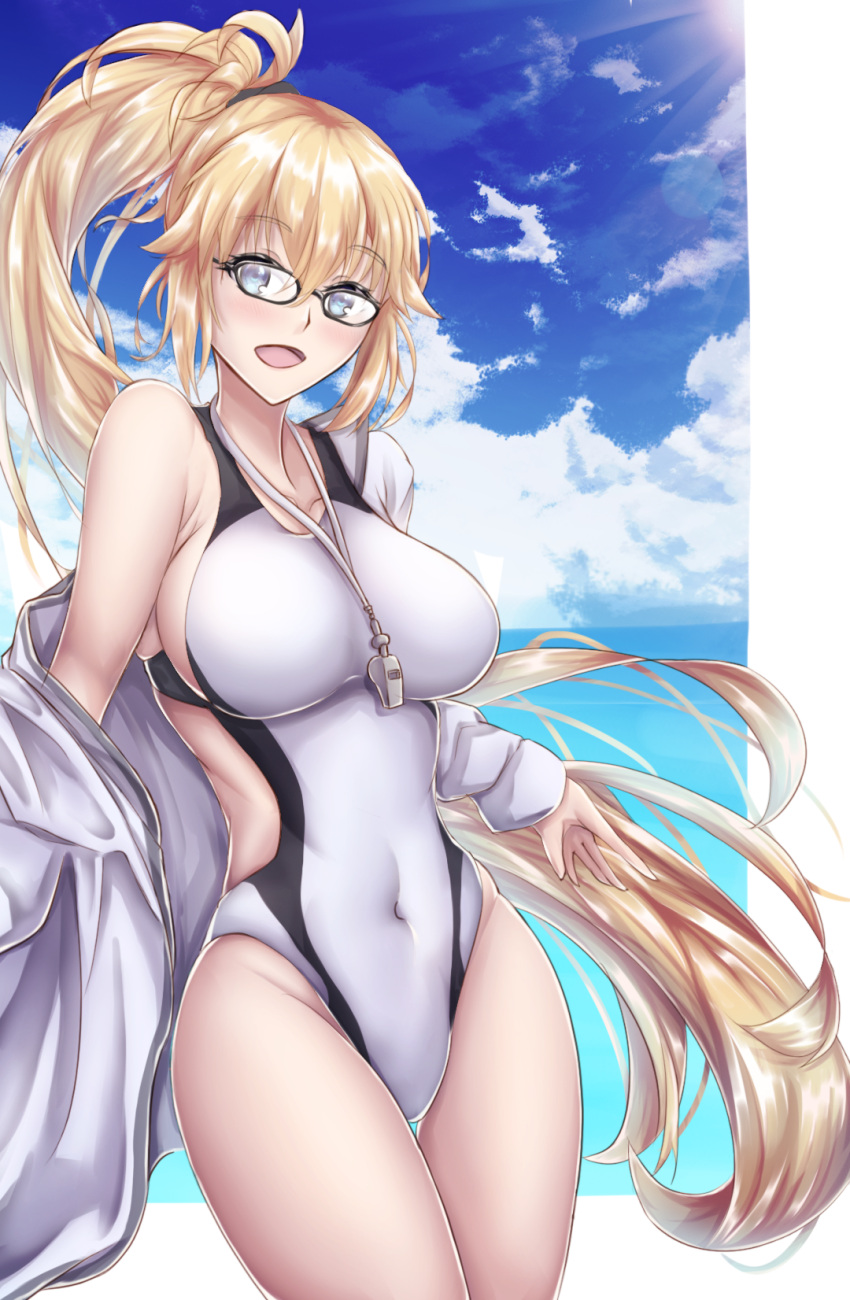 1girl black-framed_eyewear blonde_hair blue_eyes blue_sky clouds commentary_request competition_swimsuit covered_navel cowboy_shot day fate/grand_order fate_(series) glasses highres jacket jeanne_d'arc_(fate)_(all) jeanne_d'arc_(swimsuit_archer) light_rays long_hair one-piece_swimsuit outdoors ponytail sky sun sunbeam sunlight swimsuit user_ramf2222 whistle whistle_around_neck white_jacket white_swimsuit