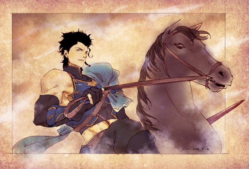 1boy armor bang black_hair blue_scarf diarmuid_ua_duibhne_(fate/grand_order) elle_shengxuan_shi fate/grand_order fate_(series) finger_gun gloves horse horseback_riding male_focus midriff one_eye_closed riding scarf single_bare_shoulder sword toned toned_male weapon