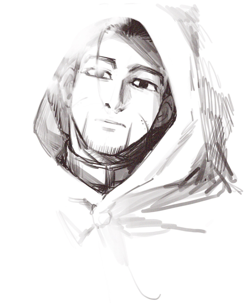 1boy black_eyes black_hair cape closed_mouth collared_jacket facial_hair golden_kamuy greyscale hair_slicked_back hair_strand head_tilt highres hood hood_up hooded_cape imperial_japanese_army lemonade2333 looking_at_viewer male_focus military military_uniform monochrome ogata_hyakunosuke scar scar_on_cheek scar_on_face short_hair simple_background sketch solo stubble uniform upper_body white_background white_cape