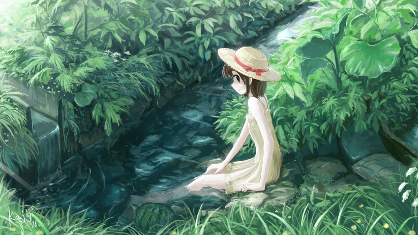 1girl barefoot brown_eyes brown_hair bush closed_mouth commentary_request dated day dress flower food fruit full_body grass hat hat_ribbon highres kajiji looking_at_viewer looking_back nature original outdoors red_ribbon ribbon river rock scenery short_hair signature sitting sleeveless sleeveless_dress smile soaking_feet solo sun_hat watermelon white_dress white_flower yellow_flower
