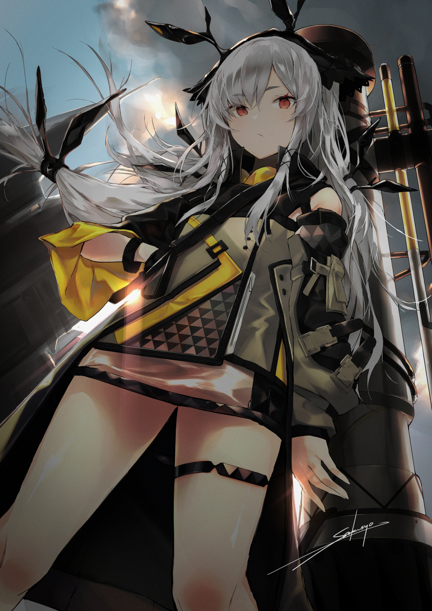 1girl arknights bangs bare_legs bare_shoulders cannon commentary detached_sleeves expressionless feet_out_of_frame grey_jacket hand_in_pocket highres jacket long_hair long_sleeves looking_at_viewer low-tied_long_hair red_eyes sakusyo sidelocks signature silver_hair sky solo standing thigh_strap thighs very_long_hair weapon weapon_on_back weedy_(arknights)