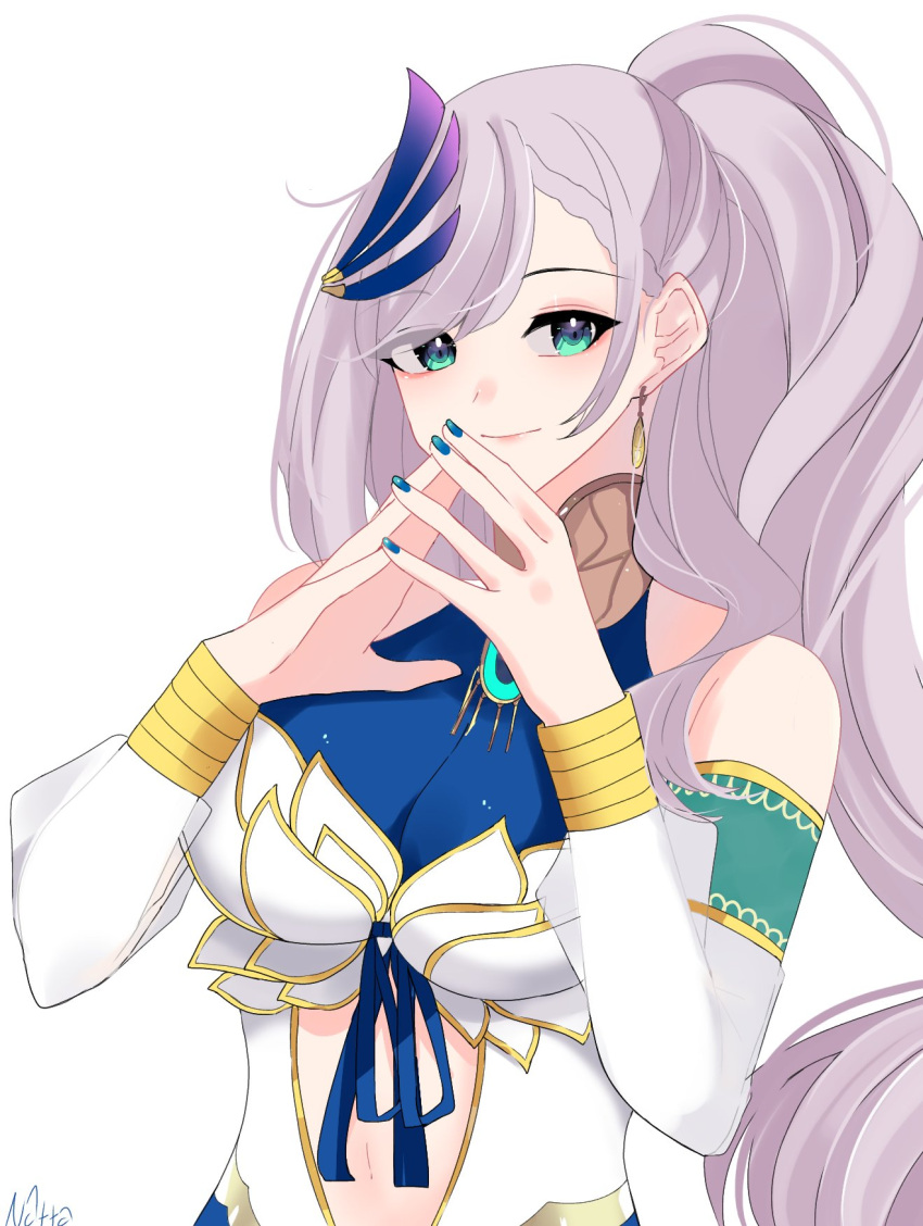 1girl artist_name breasts detached_sleeves earrings feather_hair_ornament green_hair hair_behind_ear hands_together highres hololive hololive_indonesia jewelry looking_at_viewer medium_breasts natta navel pavolia_reine side_ponytail smile solo virtual_youtuber white_background