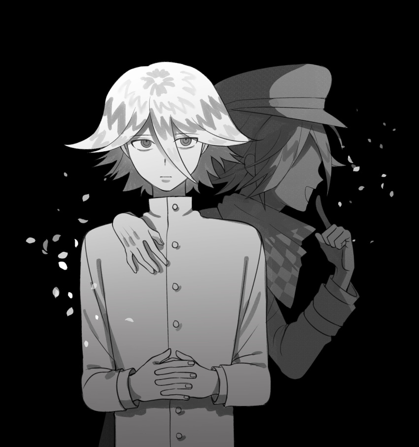 2boys bangs black_background checkered checkered_scarf closed_mouth commentary_request dangan_ronpa_(series) dangan_ronpa_v3:_killing_harmony dual_persona expressionless foreshortening greyscale hair_between_eyes hat highres interlocked_fingers jacket long_sleeves looking_at_viewer male_focus monochrome multiple_boys open_mouth ouma_kokichi peaked_cap petals scarf short_hair silver_hair upper_body wonchul