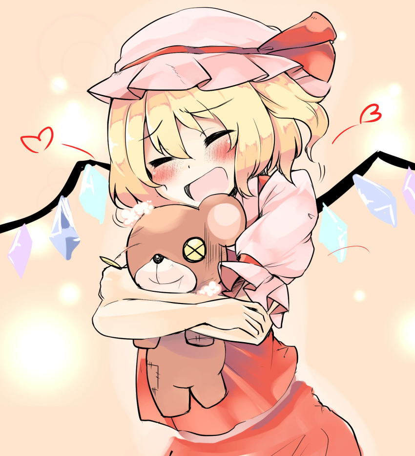 1girl :d ^_^ blonde_hair blush closed_eyes flandre_scarlet ginnkei happy hat heart highres mob_cap open_mouth pink_background puffy_sleeves red_skirt ribbon short_sleeves simple_background skirt smile solo stuffed_animal stuffed_toy teddy_bear touhou wings