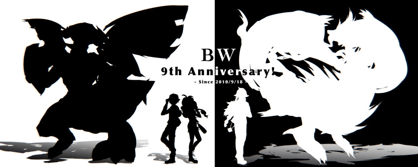 1girl 2boys absurdres anniversary chromatic_aberration contrast copyright_name english_text full_body gen_5_pokemon greyscale highres hilbert_(pokemon) hilda_(pokemon) iogi_(iogi_k) legendary_pokemon monochrome multiple_boys n_(pokemon) pokemon pokemon_(creature) reshiram silhouette simple_background standing symmetry two-tone_background white_background zekrom