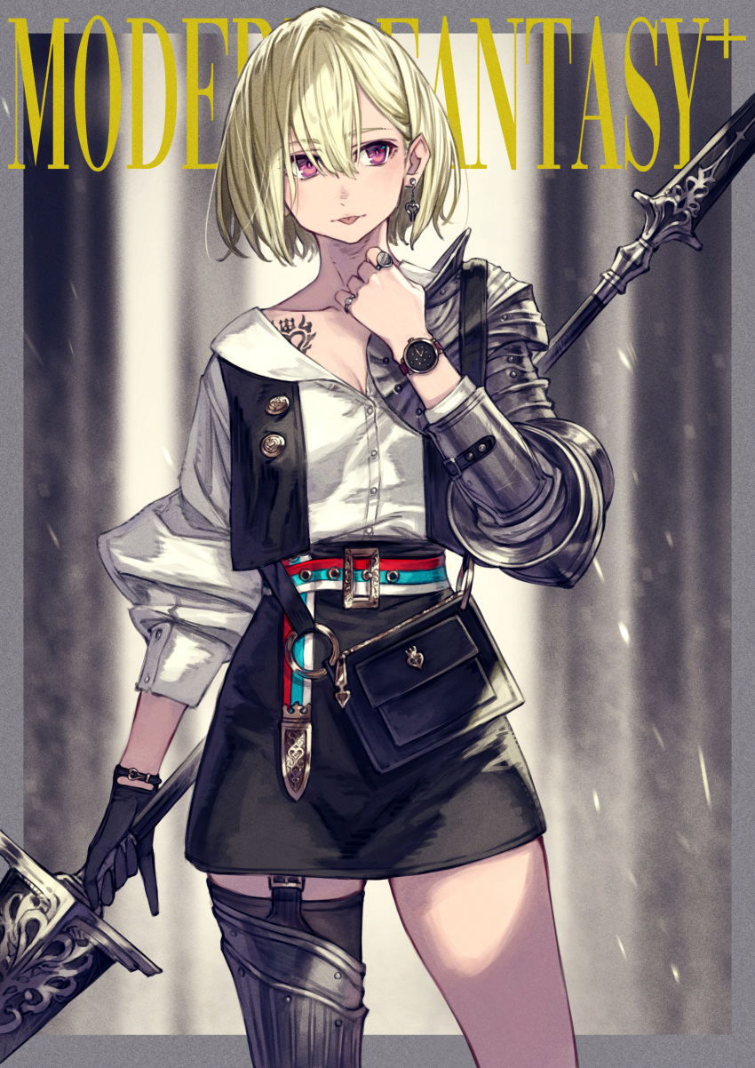 1girl absurdres armor asymmetrical_clothes blonde_hair chest_tattoo cowboy_shot earrings eyebrows_visible_through_hair gloves hair_between_eyes highres holding holding_weapon jewelry kusano_shinta original red_eyes ring short_hair single_glove single_thighhigh solo tattoo thigh-highs watch watch weapon
