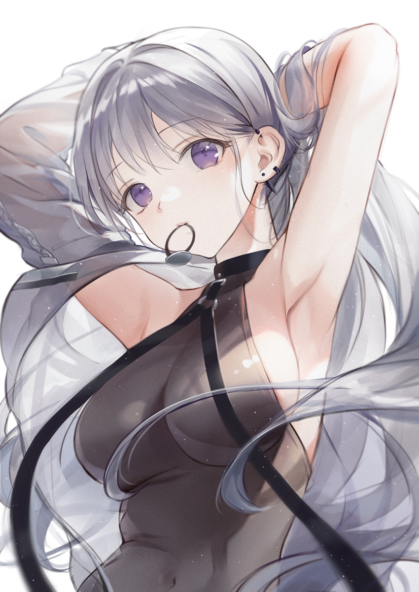 1girl armpits arms_behind_head arms_up bare_arms bare_shoulders black_shirt breasts covered_navel grey_hair hair_tie_in_mouth halterneck highres long_hair looking_at_viewer medium_breasts minncn mouth_hold off_shoulder original see-through shirt sleeveless sleeveless_shirt solo upper_body violet_eyes