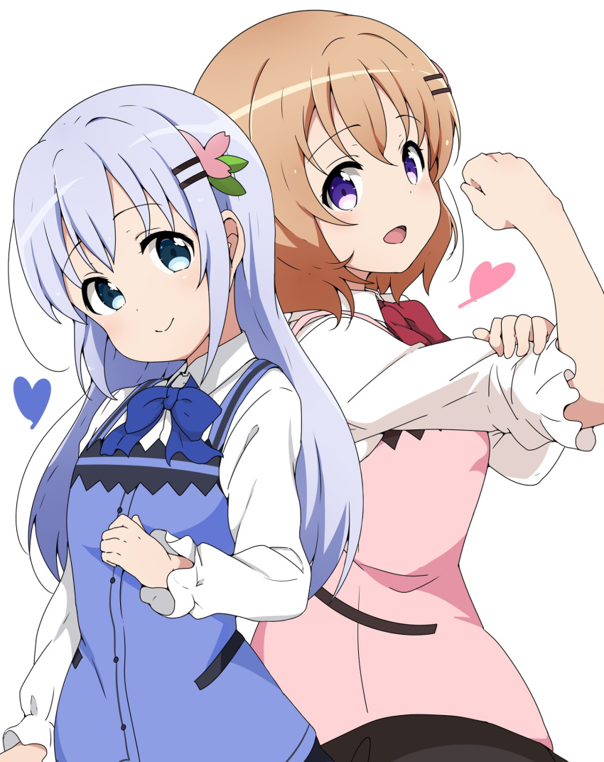 2girls back-to-back bangs black_skirt blue_eyes blue_hair blue_vest clenched_hand closed_mouth commentary_request eyebrows_visible_through_hair gochuumon_wa_usagi_desu_ka? hair_ornament hairclip head_tilt heart highres hoto_cocoa kafuu_chino long_hair looking_at_viewer medium_hair multiple_girls orange_hair pink_vest puffy_sleeves rabbit_house_uniform riyo_(aokiwazumi) shirt simple_background skirt smile vest violet_eyes white_background white_shirt