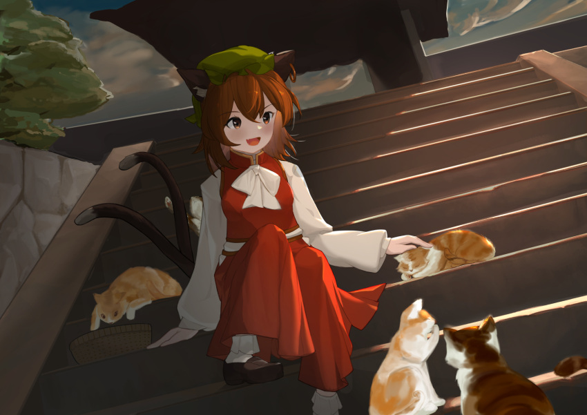 1girl :d animal_ear_fluff animal_ears architecture basket blush bobby_socks breasts brown_eyes brown_hair casterluex cat cat_ears cat_tail chen clouds cloudy_sky dress dutch_angle east_asian_architecture fang foot_out_of_frame hat highres jewelry long_sleeves looking_at_animal medium_hair mob_cap multiple_tails nekomata open_mouth outdoors petting puffy_sleeves red_dress single_earring sitting sky small_breasts smile socks solo stairs tail touhou twilight two_tails white_neckwear