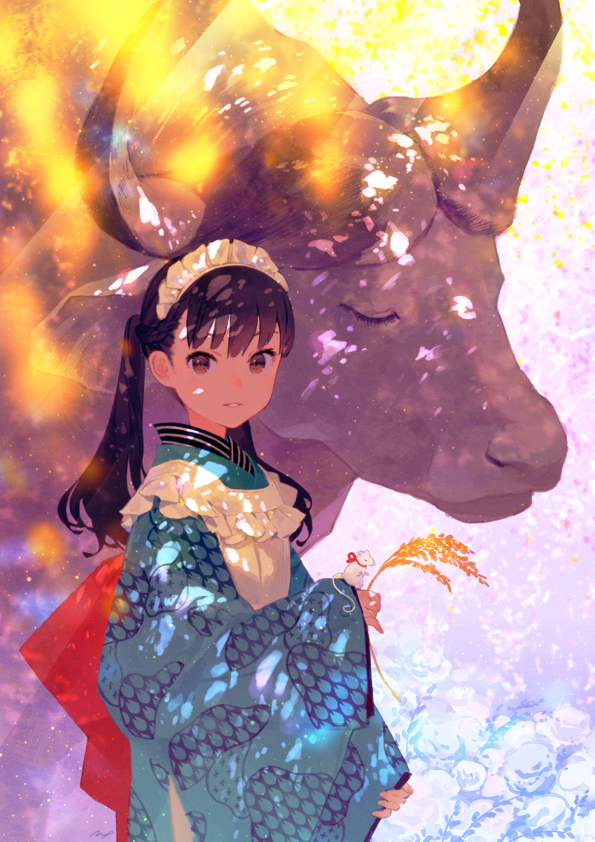 1girl back_bow bangs black_hair blue_kimono bow bull chinese_zodiac commentary_request dappled_sunlight flower highres japanese_clothes kimono long_sleeves looking_at_viewer maeya_susumu maid_headdress mouse original parted_lips red_bow red_eyes shadow smile solo sunlight twintails upper_body wheat white_flower wide_sleeves year_of_the_ox
