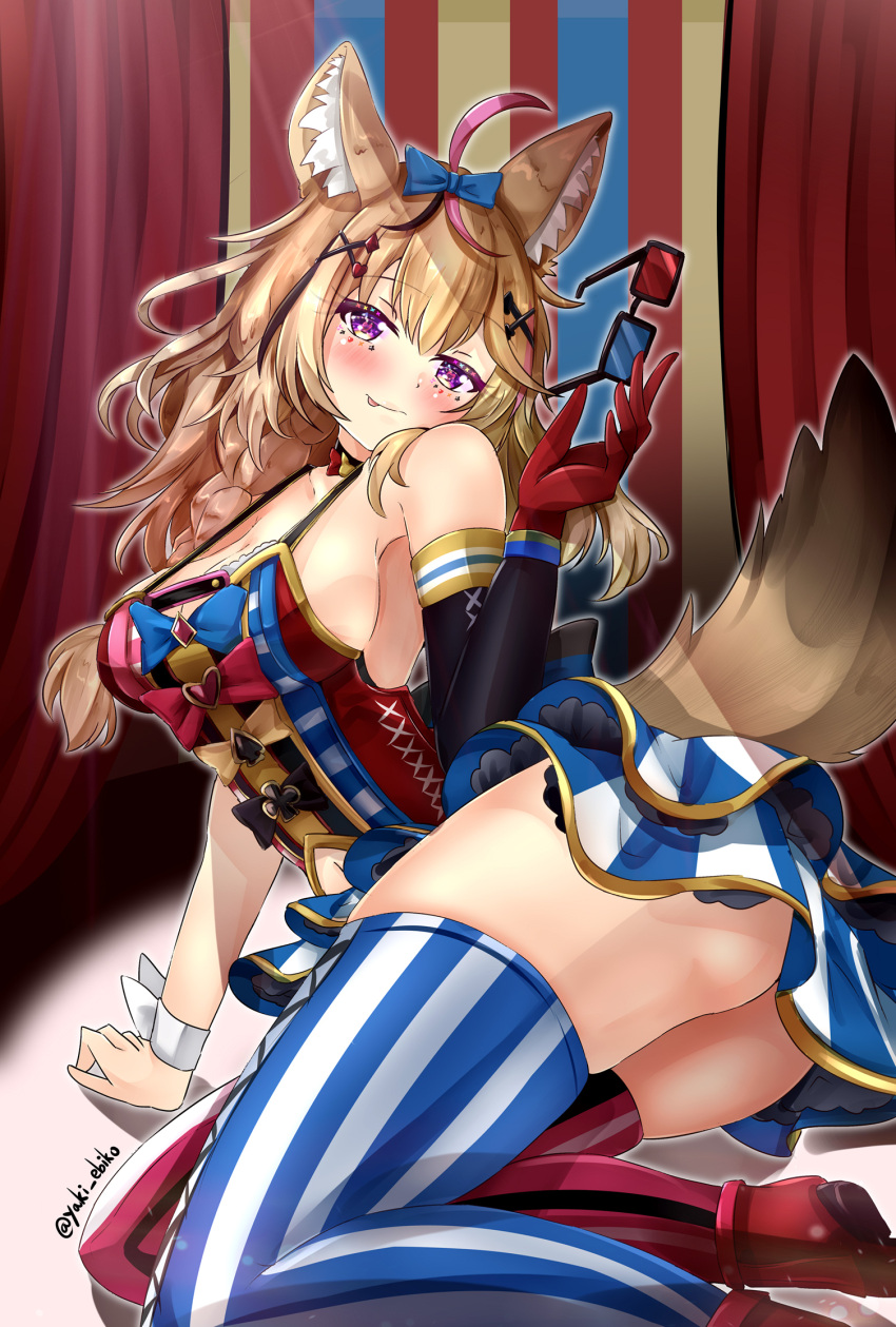 1girl 3d_glasses ahoge animal_ears arm_up ass blonde_hair blush braid breasts clothing_cutout curtains detached_sleeves eyelashes fox_ears fox_tail glasses gloves highres holding holding_eyewear hololive large_breasts long_hair looking_at_viewer messy_hair mismatched_legwear mr_lobster multicolored_hair navel navel_cutout omaru_polka red_gloves showgirl_skirt side_braid solo streaked_hair striped striped_legwear tail thick_thighs thighs tongue tongue_out twitter_username vertical-striped_legwear vertical_stripes violet_eyes virtual_youtuber