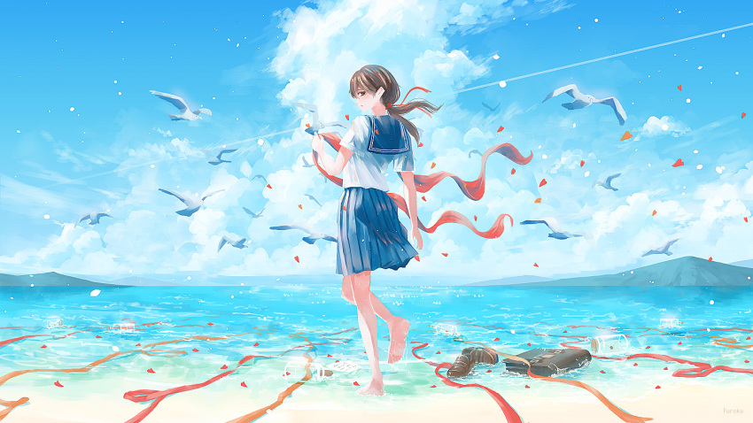 1girl bare_legs barefoot beach bird black_bag blue_sailor_collar blue_skirt blue_sky bottle brown_hair clouds cloudy_sky craft-cs from_behind holding holding_ribbon jar original pleated_skirt ponytail red_ribbon ribbon sailor_collar shirt shoes_removed short_sleeves skirt sky solo standing water white_shirt wide_shot