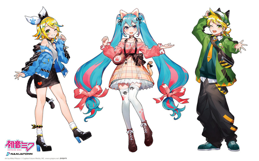 1boy 2girls alternate_costume alternate_eye_color animal_ears aqua_eyes aqua_hair baggy_clothes bell bell_choker blonde_hair blue_nails choker fake_animal_ears fake_tail full_body green_eyes grin hat hatsune_miku heart heart_choker high_heels highres jacket kagamine_len kagamine_rin long_hair looking_at_viewer low-tied_long_hair mika_pikazo multicolored_hair multiple_girls official_art one_eye_closed pencil_skirt platform_footwear shoes siblings simple_background skirt smile sneakers streaked_hair tail thigh-highs twins very_long_hair vocaloid zettai_ryouiki