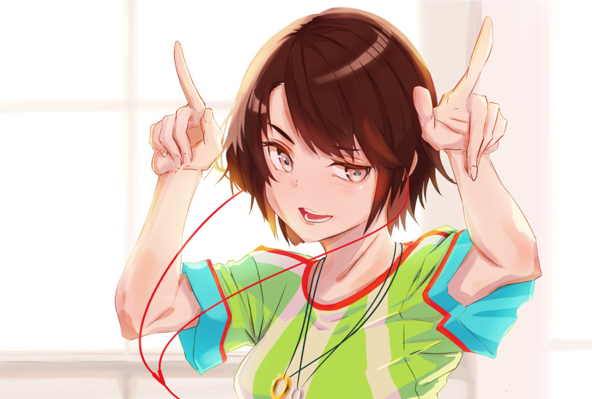 1girl bangs breasts brown_hair earphones earphones eyebrows_visible_through_hair highres hololive horns_pose jersey jewelry necklace nojikorirakkusu oozora_subaru open_mouth pink_eyes pointing pointing_up small_breasts smile solo striped_clothes virtual_youtuber window