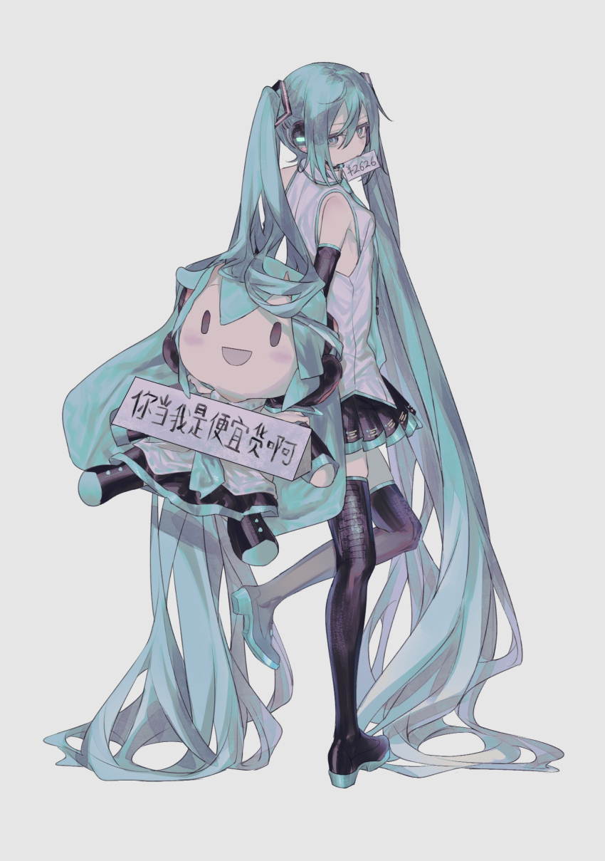 1girl aqua_eyes aqua_hair black_footwear boots character_doll detached_sleeves doll grey_background grey_shirt hatsune_miku highres holding holding_doll huaji_niang long_hair pleated_skirt shirt skirt solo standing standing_on_one_leg thigh-highs thigh_boots twintails very_long_hair vocaloid