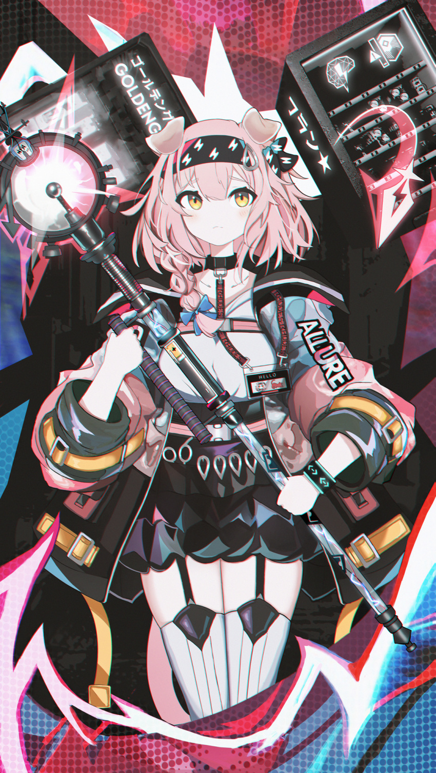 1girl animal_ears arknights bangs black_hairband black_jacket black_skirt braid breasts cat_ears cat_girl cat_tail character_name closed_mouth fran_(fran_xzs) garter_straps goldenglow_(arknights) hair_between_eyes hair_over_shoulder hairband highres holding holding_staff jacket lightning_bolt_print long_hair long_sleeves looking_at_viewer medium_breasts open_clothes open_jacket pink_hair print_hairband shirt single_braid skirt solo staff tail thigh-highs white_shirt white_thighhighs yellow_eyes