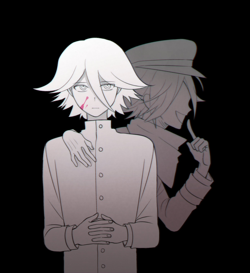 2boys bangs black_background blood blood_on_face checkered checkered_scarf closed_mouth commentary_request dangan_ronpa_(series) dangan_ronpa_v3:_killing_harmony dual_persona expressionless foreshortening greyscale hair_between_eyes hat highres interlocked_fingers jacket long_sleeves looking_at_viewer male_focus monochrome multiple_boys open_mouth ouma_kokichi peaked_cap pink_blood scarf short_hair silver_hair spot_color upper_body wonchul