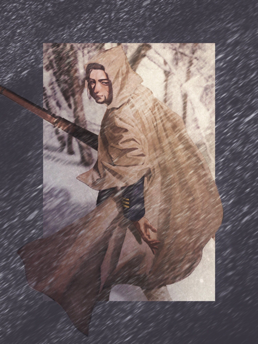 1boy arisaka black_eyes black_hair blizzard blue_jacket bolt_action cape commentary english_commentary facial_hair forest framed from_side gaiters golden_kamuy grey_background gun hair_slicked_back hair_strand highres holding holding_gun holding_weapon hood hood_up hooded_cape imperial_japanese_army jacket long_sleeves looking_at_viewer looking_to_the_side male_focus military military_uniform nature ogata_hyakunosuke outdoors rifle rolo_tomassi scar scar_on_cheek scar_on_face short_hair simple_background snow snowflakes solo standing stubble tree undercut uniform weapon white_cape