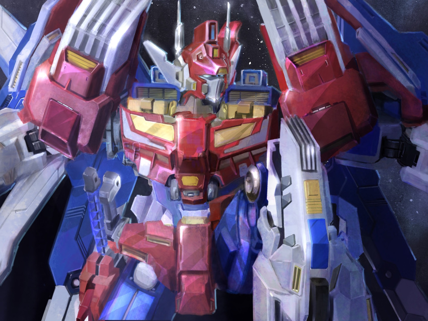 artist_name autobot blue_eyes english_commentary highres kneeling looking_to_the_side mecha mechanical_wings no_humans science_fiction solo star_saber_(transformers) theo_aud transformers transformers_victory watermark wings