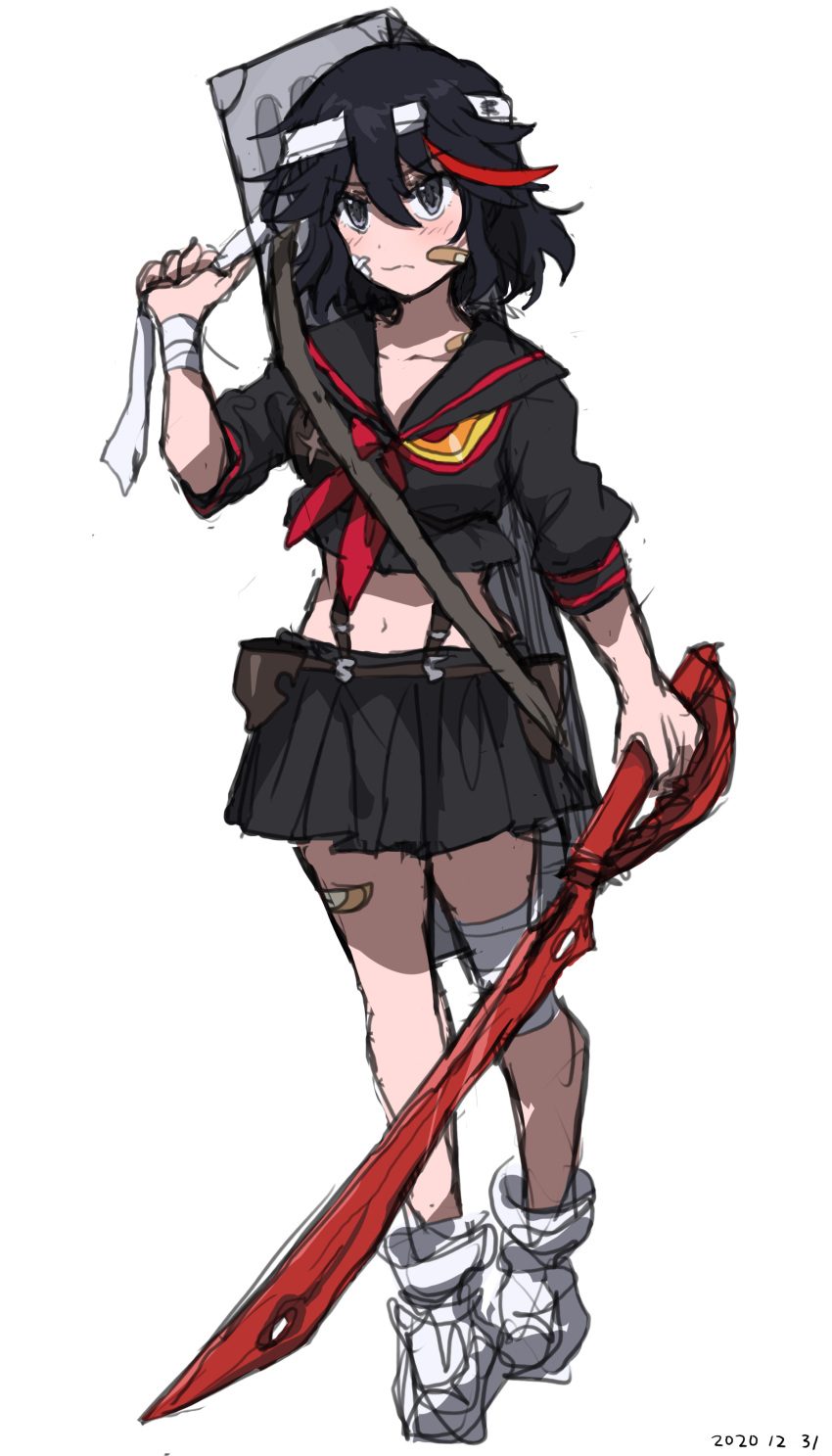 1girl 2020 absurdres bandaged_arm bandaged_head bandaged_leg bandages bandaid black_hair black_shirt black_skirt breasts collarbone crop_top dated eyepatch full_body gun_case highres holding holding_weapon kill_la_kill lying matoi_ryuuko multicolored_hair navel neckerchief on_back pouch red_neckwear redhead school_uniform scissor_blade senketsu serafuku shirt shoes short_sleeves simple_background skirt sneakers solo streaked_hair takatisakana weapon white_background white_footwear