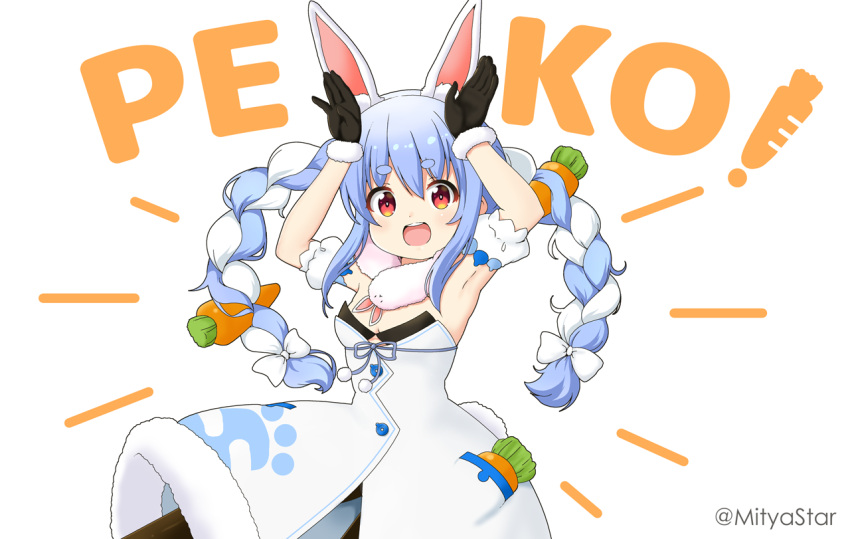 1girl :d animal_ear_fluff animal_ears armpits arms_up bangs bare_shoulders black_gloves black_leotard blue_hair blush bow braid breasts brown_legwear carrot_hair_ornament catchphrase commentary_request detached_sleeves don-chan_(usada_pekora) dress eyebrows_visible_through_hair food_themed_hair_ornament fur-trimmed_gloves fur_trim gloves hair_between_eyes hair_bow hair_ornament hololive leotard looking_at_viewer miicha multicolored_hair open_mouth pantyhose puffy_short_sleeves puffy_sleeves rabbit_ears red_eyes short_eyebrows short_sleeves sidelocks simple_background small_breasts smile strapless strapless_dress strapless_leotard thick_eyebrows twin_braids twintails twitter_username two-tone_hair upper_teeth usada_pekora virtual_youtuber white_background white_bow white_dress white_hair white_sleeves