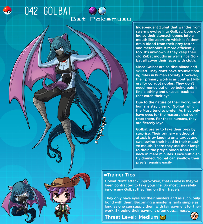 1boy 1girl absurdly_long_hair animal_ears artist_name bat_ears bat_girl bat_wings blue_hair blue_skin breasts character_name colored_skin covered_mouth extra_mouth eyebrows_visible_through_hair gen_1_pokemon golbat hat highres kinkymation long_hair long_tongue monster_girl personification poke_ball pokemon profile purple_hair saliva scarf tongue very_long_hair winged_arms wings