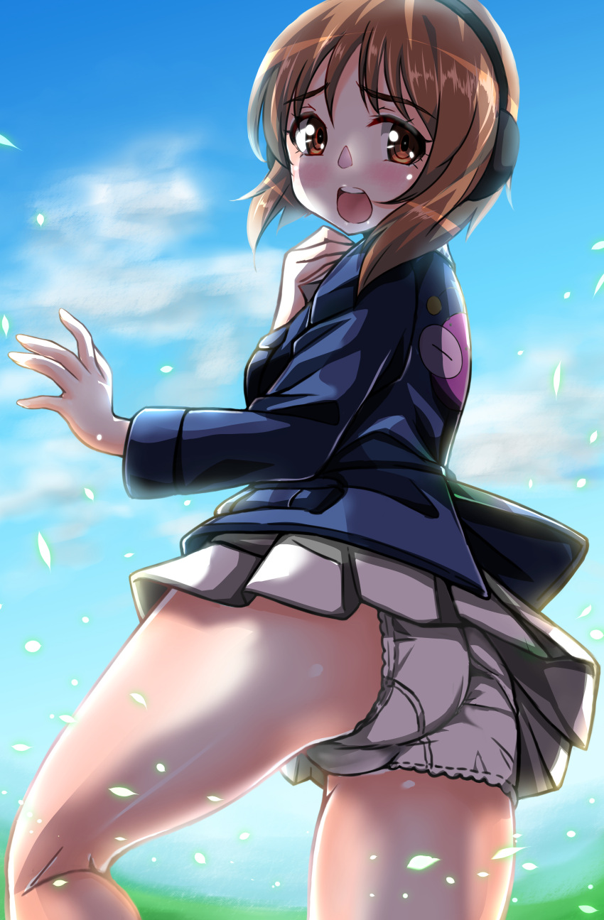 1girl absurdres anglerfish ass bangs blue_jacket blue_sky blurry blurry_background brown_eyes brown_hair clouds cloudy_sky commentary crotch_seam day emblem eyebrows_visible_through_hair from_behind frown girls_und_panzer hand_on_own_throat headphones highres jacket kentap lace-trimmed_panties lace_trim long_sleeves looking_at_viewer looking_back military military_uniform miniskirt nishizumi_miho ooarai_military_uniform open_mouth outdoors panties pantyshot petals pleated_skirt shirt short_hair skirt sky solo standing underwear uniform white_panties white_skirt wind wind_lift