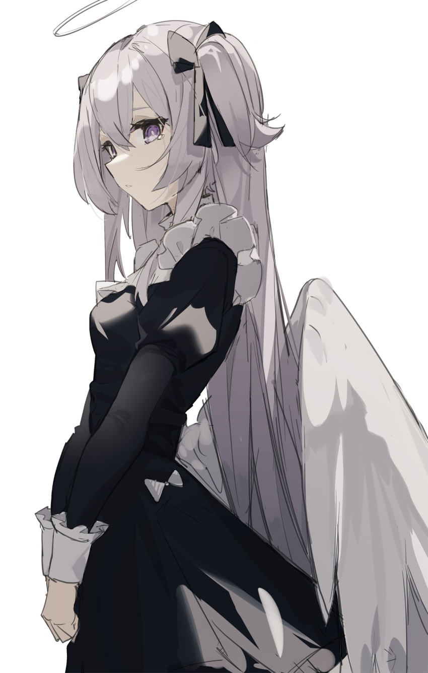 1girl angel angel_wings black_dress bow breasts crying dress halo hands_together highres indie_virtual_youtuber long_hair looking_down qtian shanoa_(vtuber) small_breasts solo two_side_up very_long_hair violet_eyes virtual_youtuber white_background white_bow wings wrist_cuffs
