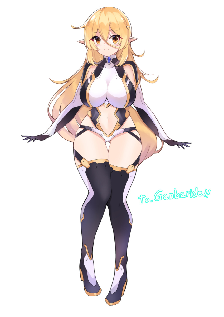1girl bangs blonde_hair blush boots breasts cawang clothing_cutout elbow_gloves gloves hair_ornament highres large_breasts leotard long_hair looking_at_viewer navel navel_cutout original pointy_ears simple_background smile solo thigh-highs thigh_boots white_background yellow_eyes