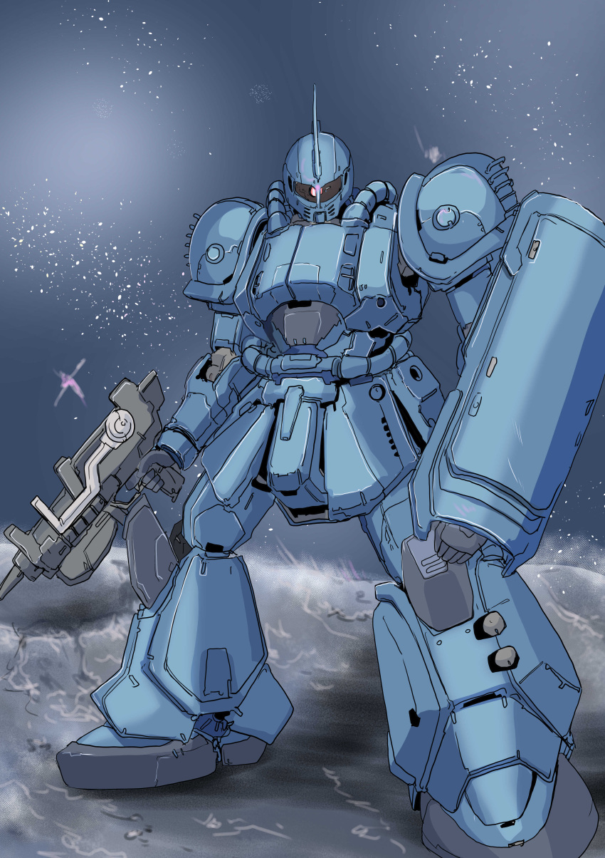 absurdres bugu_ramba_ral_custom clenched_hand gun gundam highres holding holding_gun holding_weapon kuroneko_koubou looking_at_viewer mobile_suit mobile_suit_gundam mobile_suit_gundam_the_origin no_humans one-eyed pink_eyes sketch space weapon zeon