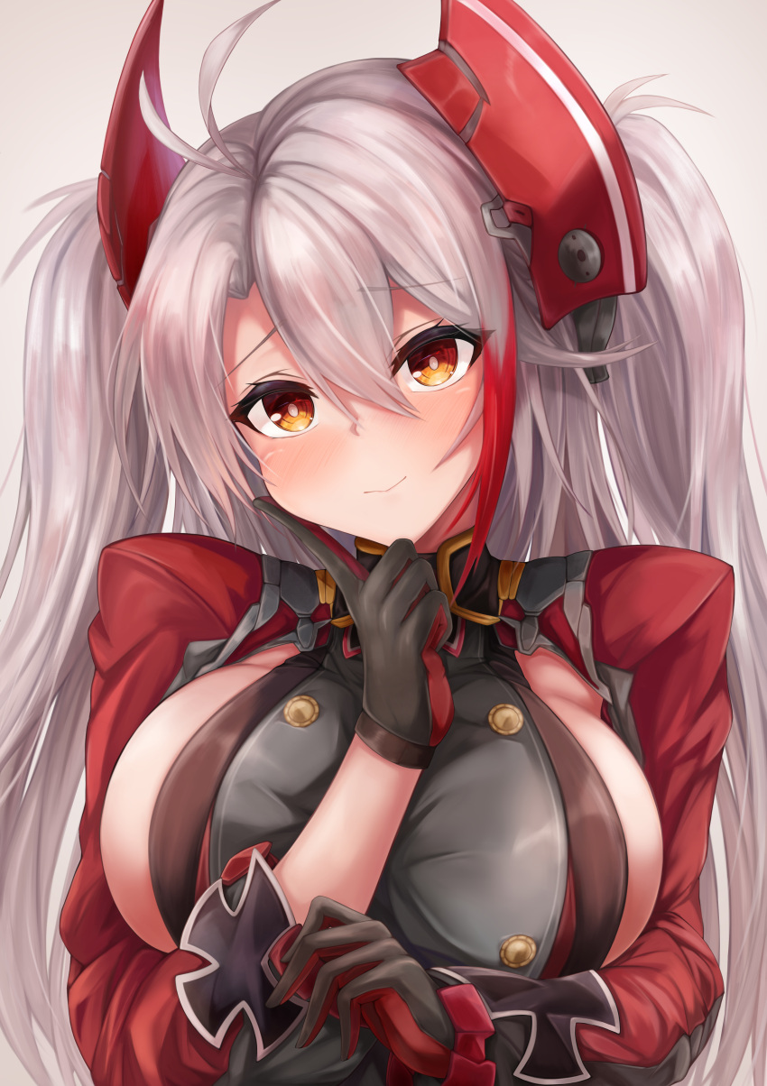 1girl absurdres antenna_hair azur_lane breasts cross cross_earrings double-breasted earrings highres huge_filesize iron_cross jewelry large_breasts long_hair long_sleeves looking_at_viewer multicolored_hair orange_eyes prinz_eugen_(azur_lane) ryara side_cutout silver_hair smile solo streaked_hair two_side_up