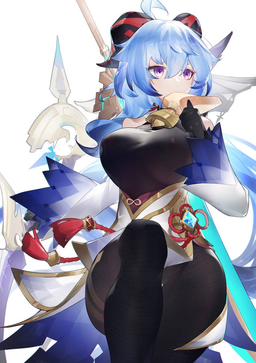 1girl absurdres ahoge bare_shoulders black_gloves blue_hair bodystocking bow_(weapon) breasts cowboy_shot detached_sleeves ganyu_(genshin_impact) genshin_impact gloves goat_horns gold_trim highres horns knee_up large_breasts long_hair long_sleeves looking_away low_ponytail pelvic_curtain simple_background solo tassel thighs very_long_hair violet_eyes waist_cape weapon white_background yushi_ketsalkoatl