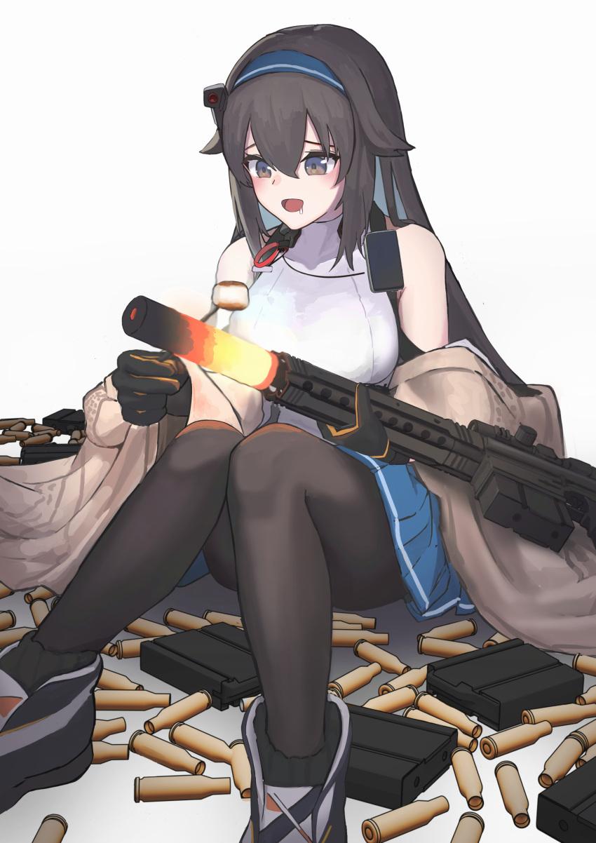 1girl absurdres bangs bare_shoulders blue_eyes breasts brown_hair commission cooking food girls_frontline glowing glowing_weapon hair_flaps hanabusaraleigh highres long_hair marshmallow medium_breasts pantyhose pleated_skirt sidelocks sitting skeb_commission skirt solo super_sass super_sass_(girls_frontline) very_long_hair weapon