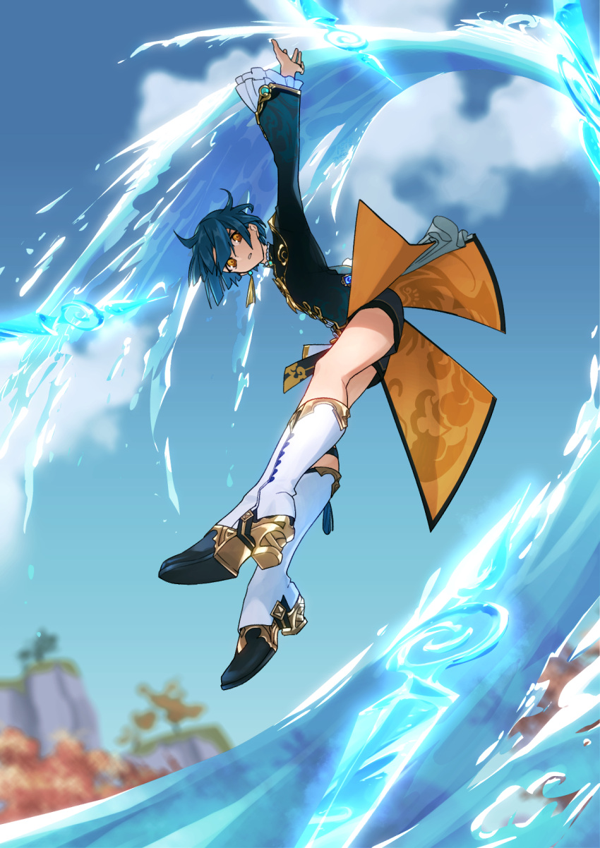 1boy apollo_hotori bangs blue_hair blurry blurry_background chinese_clothes clouds cloudy_sky earrings eyebrows_visible_through_hair frilled_shirt_collar frilled_sleeves frills genshin_impact highres jacket jewelry long_sleeves male_focus ocean otoko_no_ko short_hair shorts single_earring sky solo tassel tassel_earrings water xingqiu_(genshin_impact) yellow_eyes