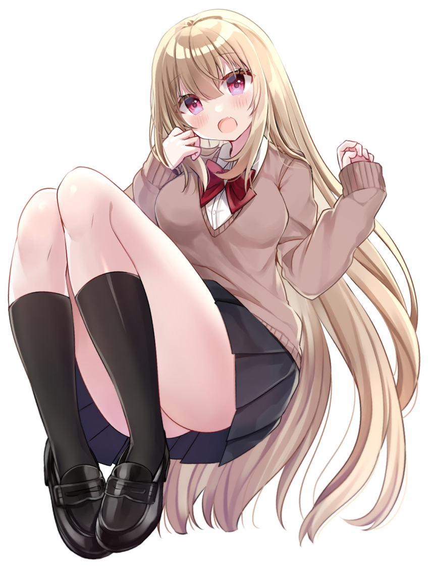 1girl bangs black_footwear black_legwear black_skirt blush bow breasts brown_sweater collared_shirt commentary_request dress_shirt eyebrows_visible_through_hair fang full_body hair_between_eyes highres knees_up light_brown_hair loafers long_hair long_sleeves looking_at_viewer medium_breasts minami_saki open_mouth original pleated_skirt red_bow red_eyes school_uniform shirt shoes simple_background skirt sleeves_past_wrists socks solo sweater very_long_hair white_background white_shirt
