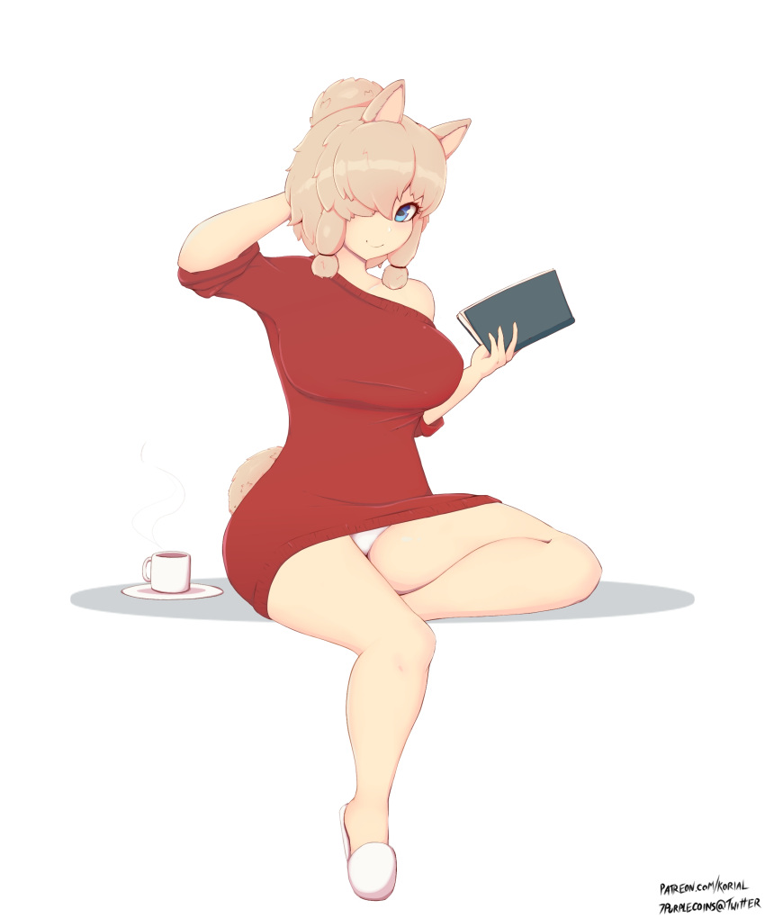 1girl absurdres alpaca_ears alpaca_girl alpaca_suri_(kemono_friends) alpaca_tail animal_ears arm_behind_head arm_up blonde_hair blue_eyes breasts closed_mouth collarbone commission cup full_body hair_bun hair_over_one_eye hand_up highres holding holding_notebook horizontal_pupils kemono_friends korial large_breasts medium_hair notebook panties sandals saucer simple_background sitting smile solo stomach tail underwear watermark web_address white_background white_panties
