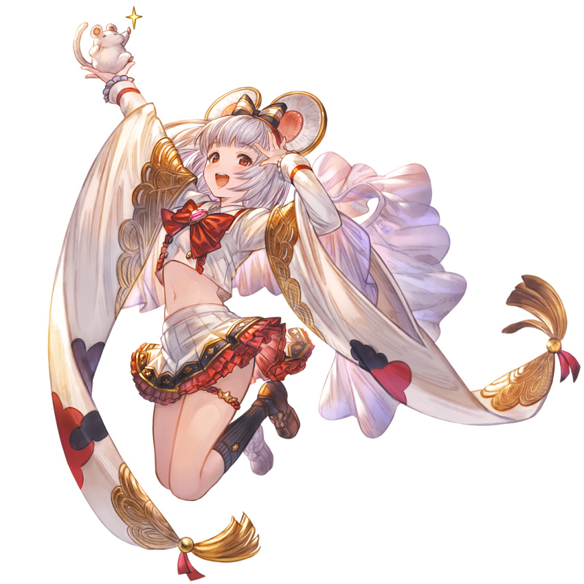 :d animal animal_ears arms_up bangs black_legwear bow breasts crop_top eyebrows eyebrows_visible_through_hair granblue_fantasy headband holding holding_animal japanese_clothes jumping kimono kneehighs legs_up loafers long_sleeves looking_at_viewer miniskirt mouse mouse_ears navel official_art open_mouth red_bow red_eyes shoes silver_hair skirt small_breasts smile teeth thigh_strap thighs tongue vikala_(granblue_fantasy)
