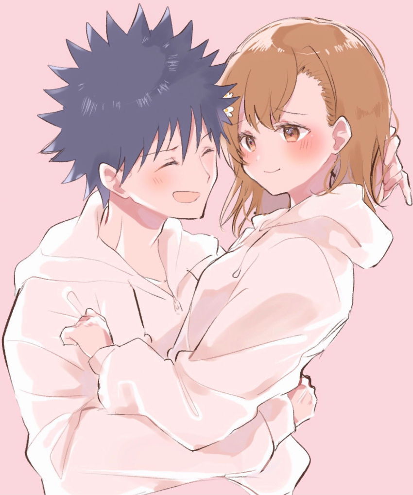 1boy 1girl :d ^_^ bangs black_hair blush brown_eyes brown_hair closed_eyes closed_mouth drawstring eyebrows_visible_through_hair hair_between_eyes highres himaneko. hood hood_down hoodie kamijou_touma long_sleeves misaka_mikoto open_mouth pink_background puffy_long_sleeves puffy_sleeves simple_background smile to_aru_kagaku_no_railgun to_aru_majutsu_no_index white_hoodie