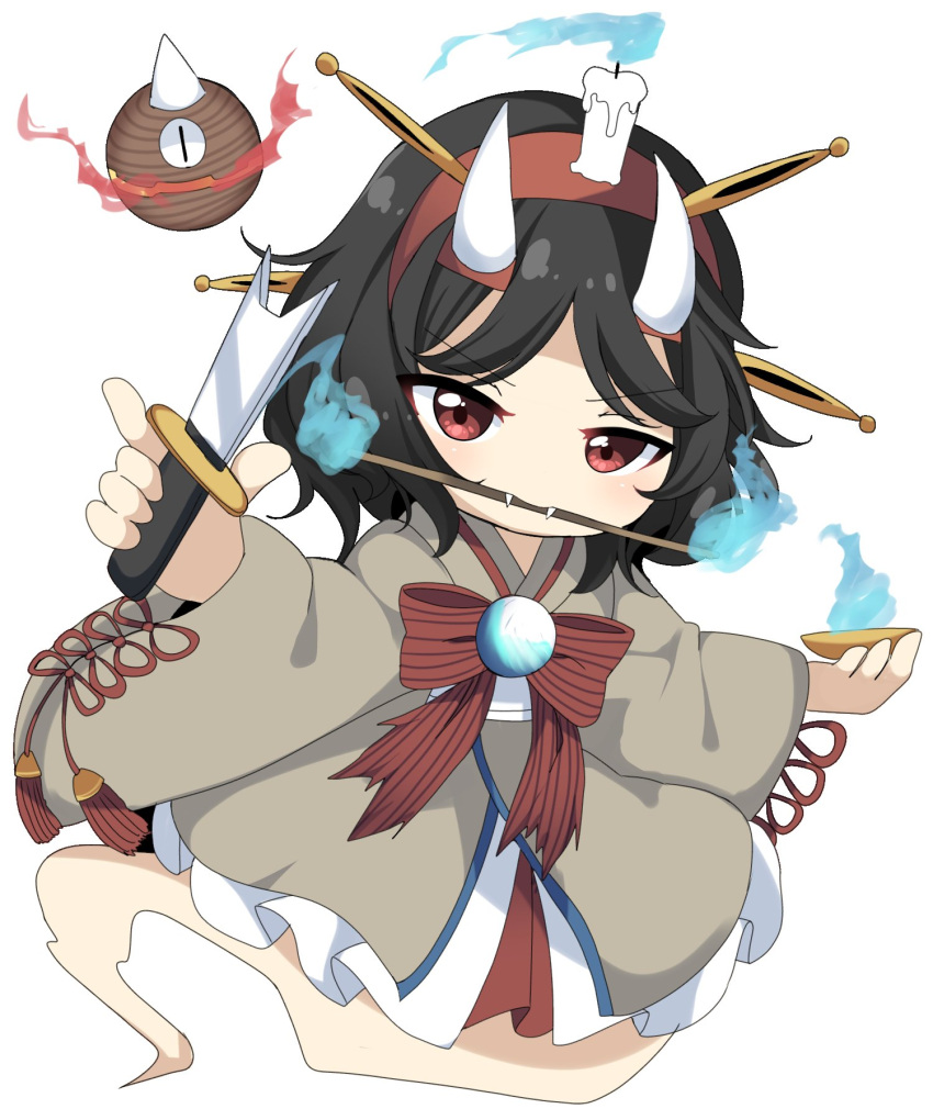 1other androgynous black_hair candle chibi fire flame ghost ghost_tail hairband highres horns japanese_clothes kimono knife lamp len'en mouth_hold ougi_hina red_eyes short_hair solo taira_no_chouki