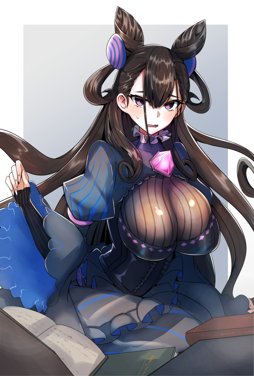1girl amethyst_(gemstone) black_dress breasts double_bun dress fate/grand_order fate_(series) gem gin_moku hair_up highres juliet_sleeves large_breasts long_hair long_sleeves looking_at_viewer murasaki_shikibu_(fate) open_mouth puff_and_slash_sleeves puffy_sleeves sitting solo two_side_up violet_eyes